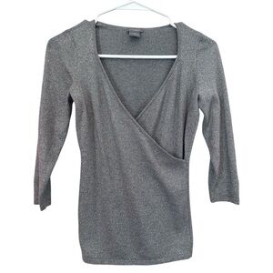 Y2K Era Vintage Ann Taylor Shimmering Silk Blend Silver Wrap Top XSP